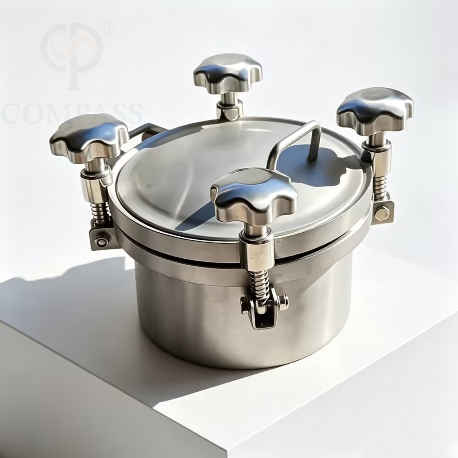 Tapa de alcantarilla de tanque de presión redonda exterior de 350MM higiénica de calidad alimentaria AISI316L OD 306MM con cinco asas M12 SS