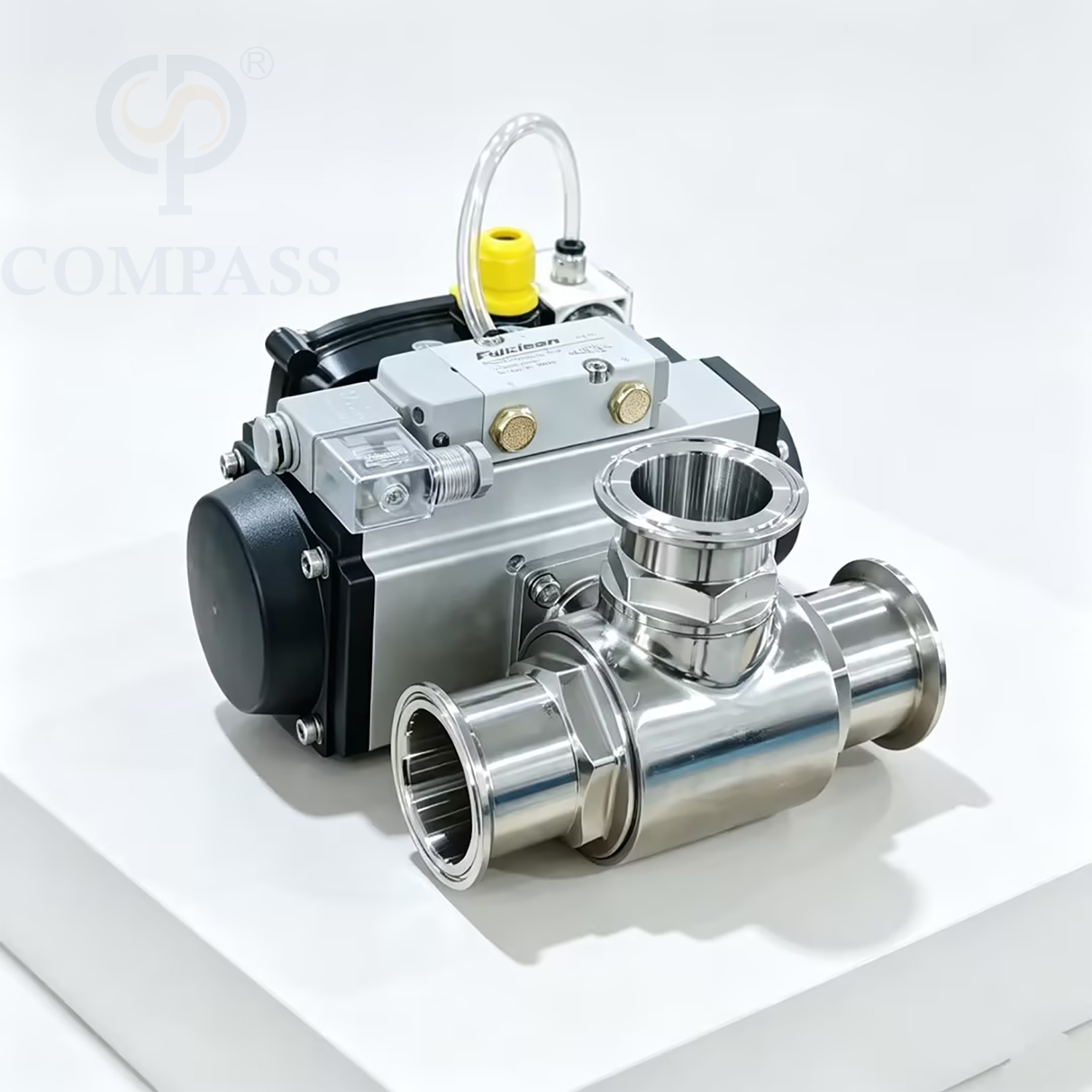 Válvula de bola neumática de tres abrazaderas con puerto T de tres vías SS316L de 2 pulgadas con válvula solenoide de 24 V, interruptor de límite y válvula reductora de presión