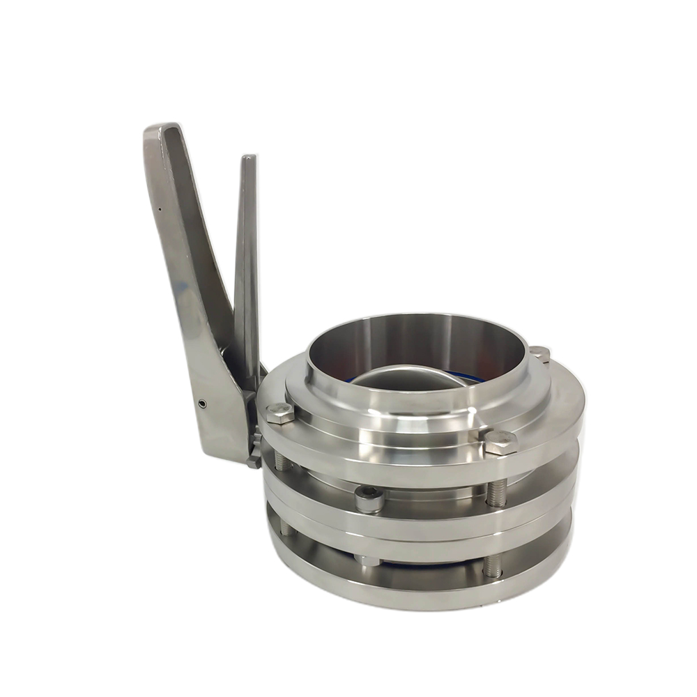 DN25 RD52 × 1/6 Hygienic Hygienic Acero inoxidable Grado SS304 Válvula de mariposa de tres piezas con manija de gripe de acero inoxidable