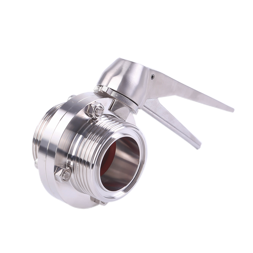 DN25 RD52 × 1/6 Hygienic acero inoxidable de acero inoxidable Grado SS304 Válvula de mariposa roscada manual con manija de gripe de acero inoxidable