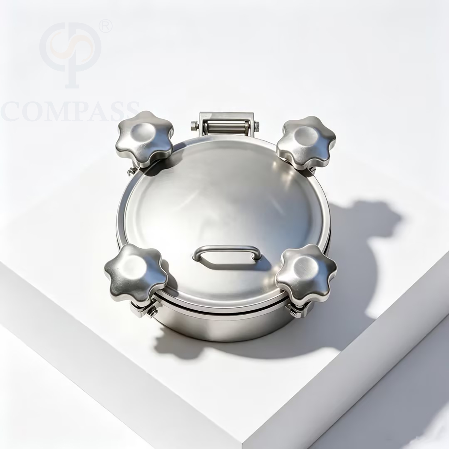 Tapa de alcantarilla de tanque de presión redonda exterior de 350MM higiénica de calidad alimentaria AISI316L OD 306MM con cinco asas M12 SS