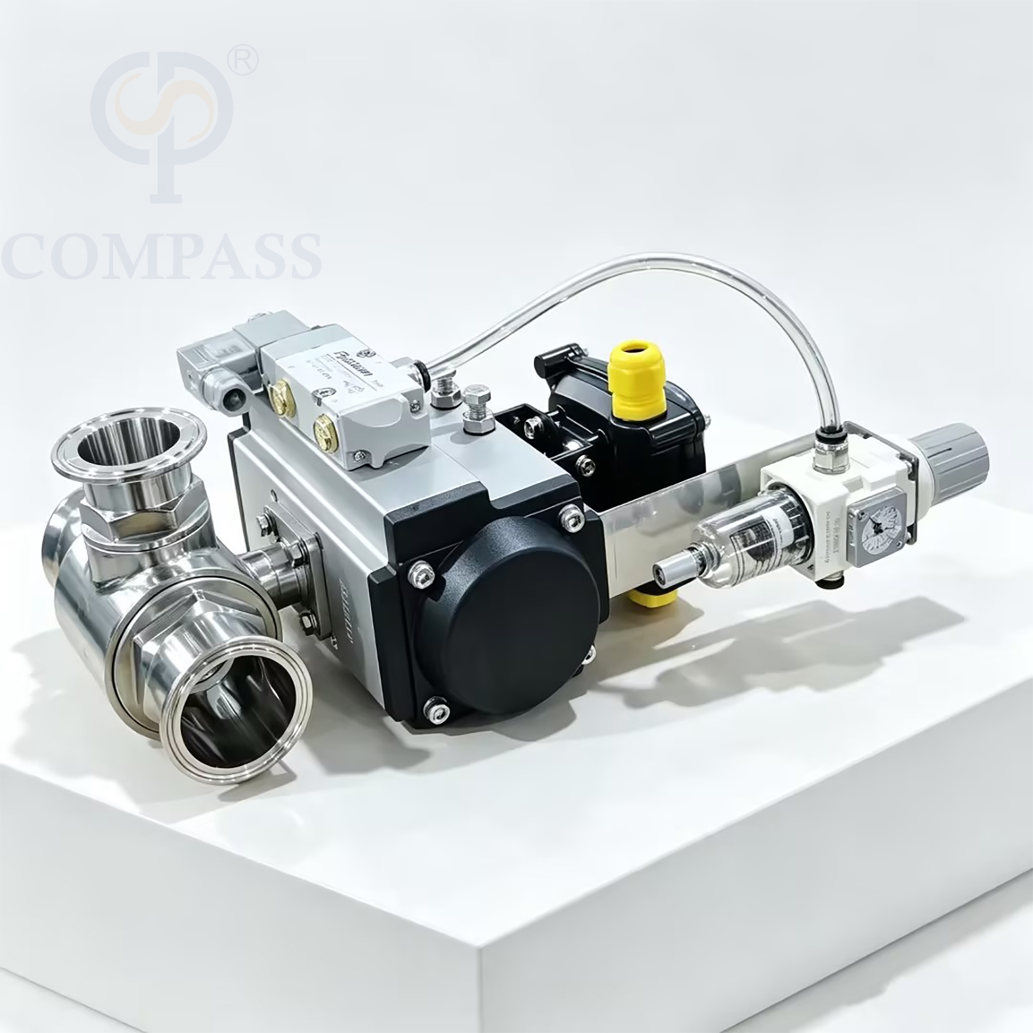 Válvula de bola neumática de tres abrazaderas con puerto T de tres vías SS316L de 2 pulgadas con válvula solenoide de 24 V, interruptor de límite y válvula reductora de presión