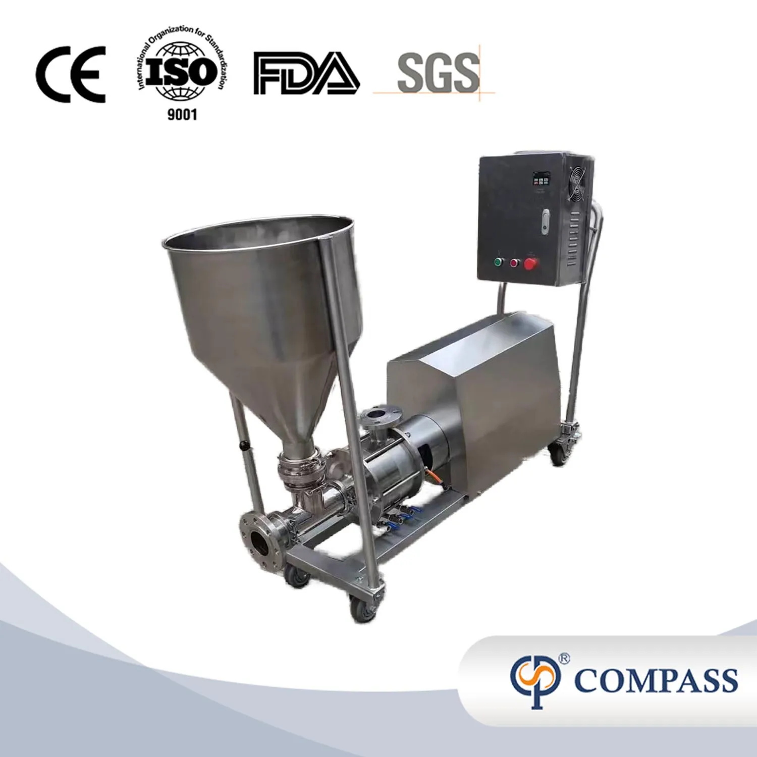 Bomba de emulsión de dispersión de alto cizallamiento en línea sanitaria de tres etapas TRL3 SS304 con gabinete de control de tolva y convertidor de frecuencia