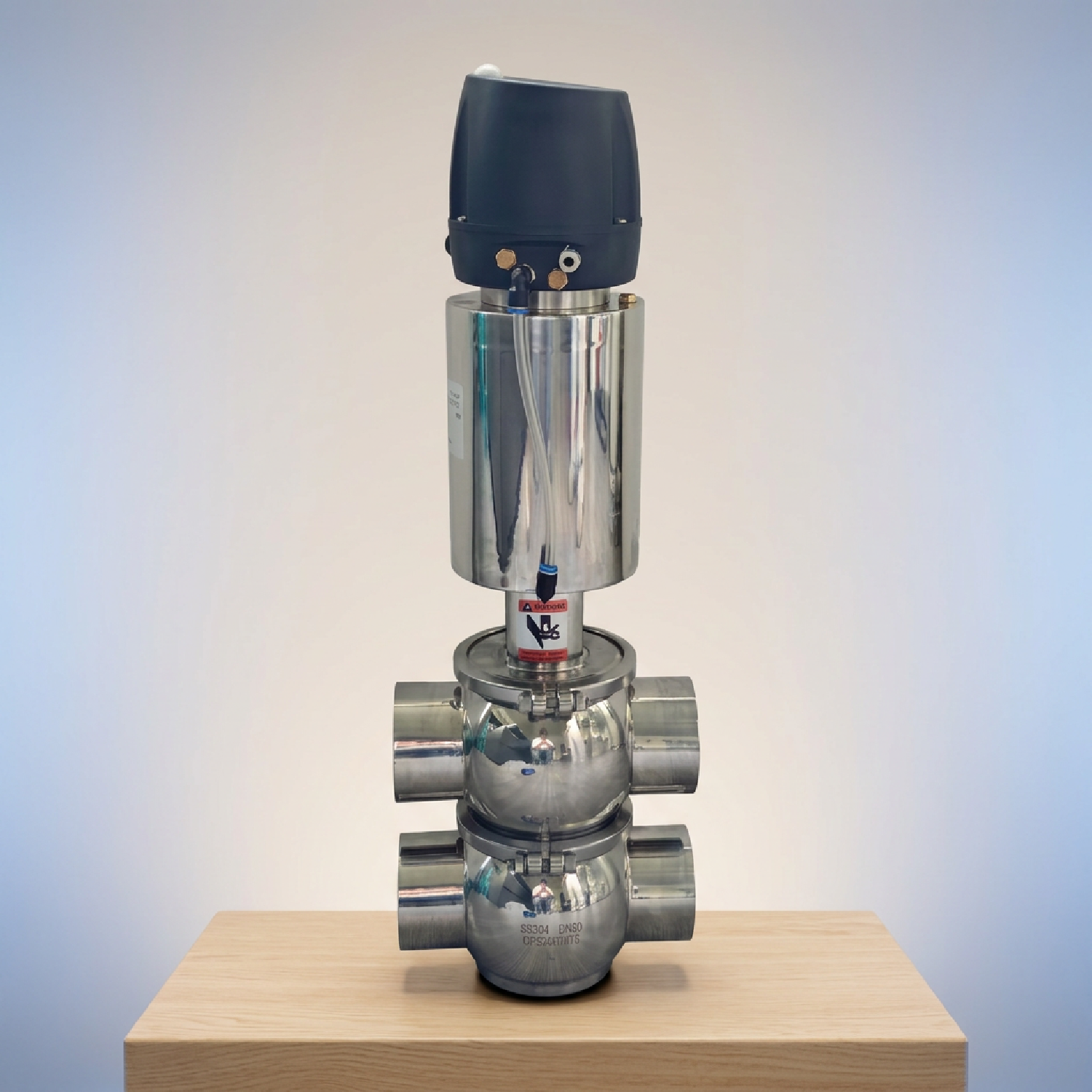 Actuador neumático de simple efecto SS304, modelo DIN 22A, válvula desviadora de soldadura neumática normalmente cerrada DN80 con cabezal de control de 24 VCC