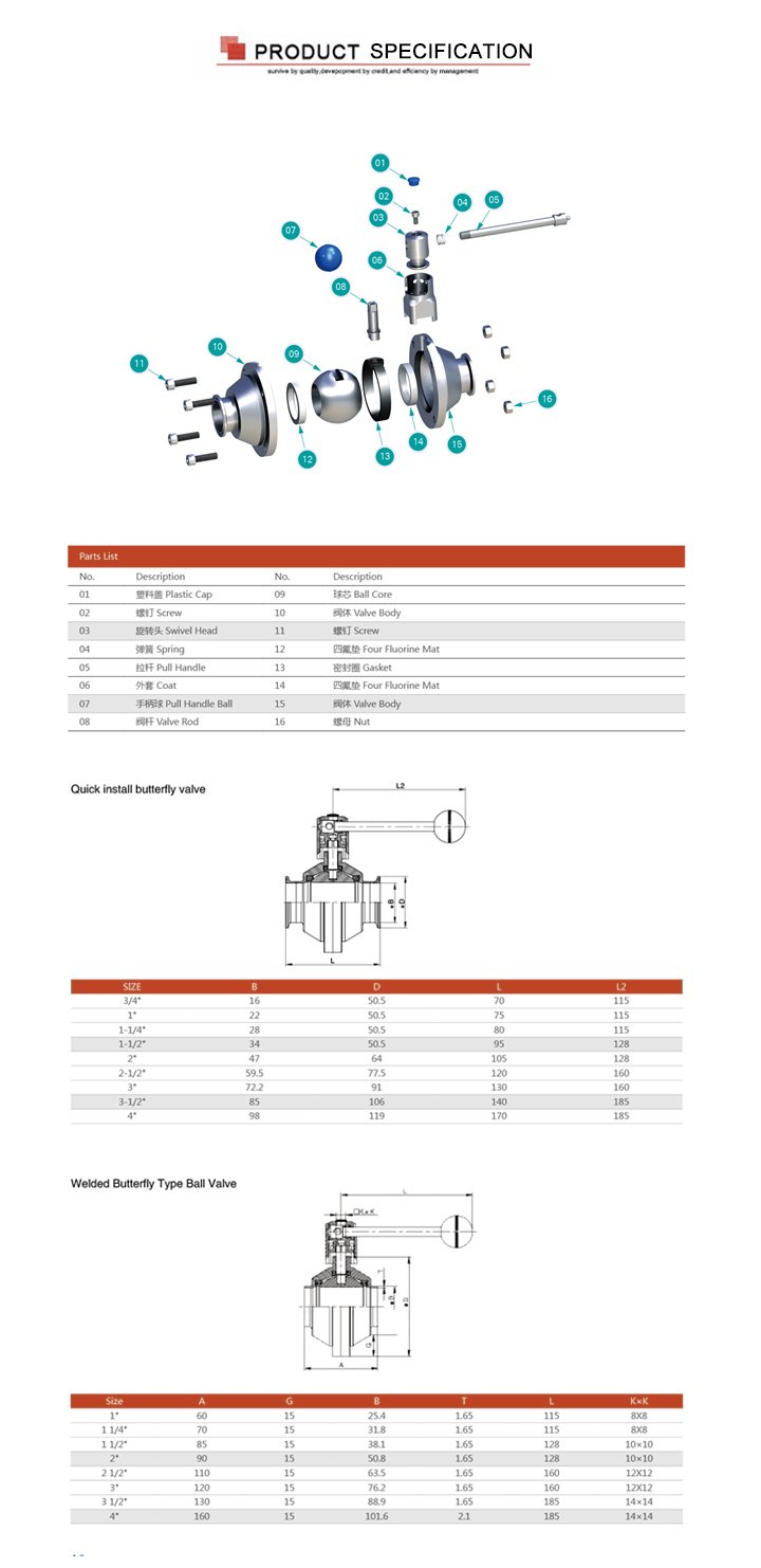 V&aacute;lvula de bola de mariposa SS304 DN20-DN100 TC de acero inoxidable SS304 DN20-DN100 TC