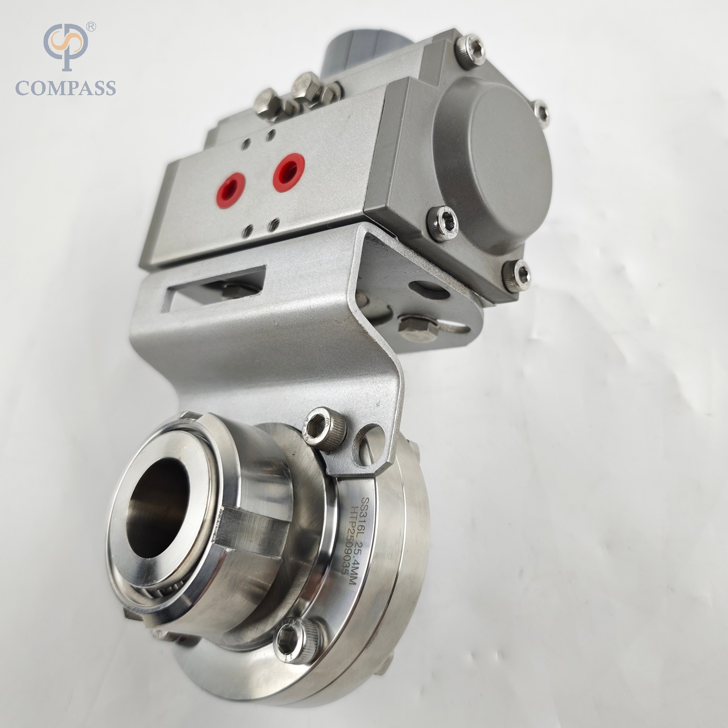 VÁLVULA DE MARIPOSA NEUMÁTICA MACHO/HEMBRA SMS DE GRADO ALIMENTARIO SS316L CON ACTUADOR NEUMÁTICO