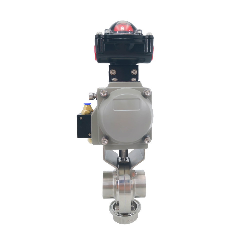 3 pulgadas 76 mm Higiénico sanitario Acero inoxidable Grado SS304 Válvula de mariposa de soldadura neumática SMS con actuador neumático +válvula solenoide +interruptor límite