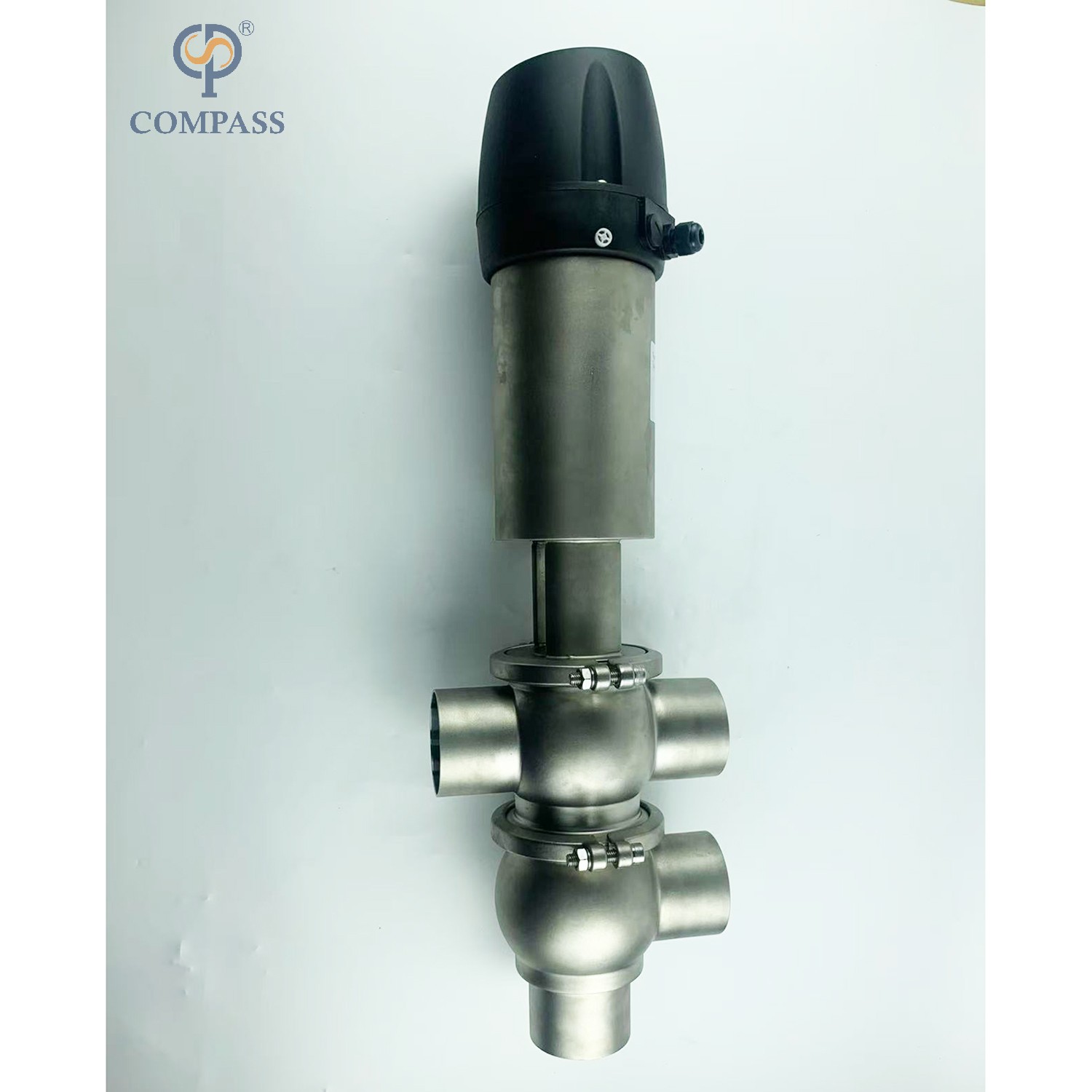 VÁLVULA DESVIADORA DE ABRAZADERA NEUMÁTICA MODELO SS304 DIN 21 CON CABEZAL DE CONTROL DE 24V