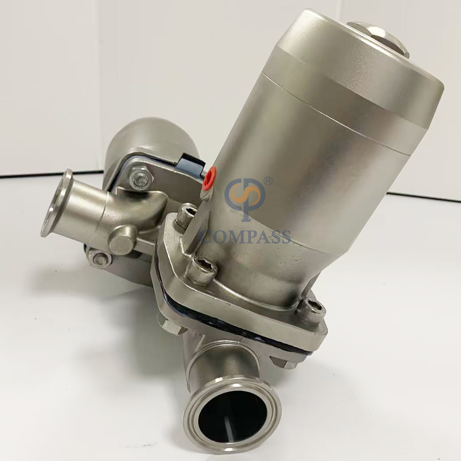 Válvula de diafragma neumática de tres vías SS316L DN40 con diafragma dividido de PTFE y EPDM