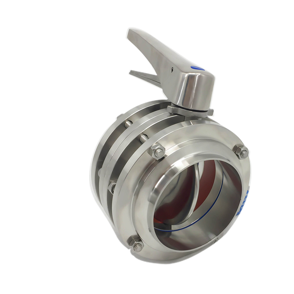 DN25 RD52 × 1/6 Hygienic Hygienic Acero inoxidable Grado SS304 Válvula de mariposa de tres piezas con manija de gripe de acero inoxidable
