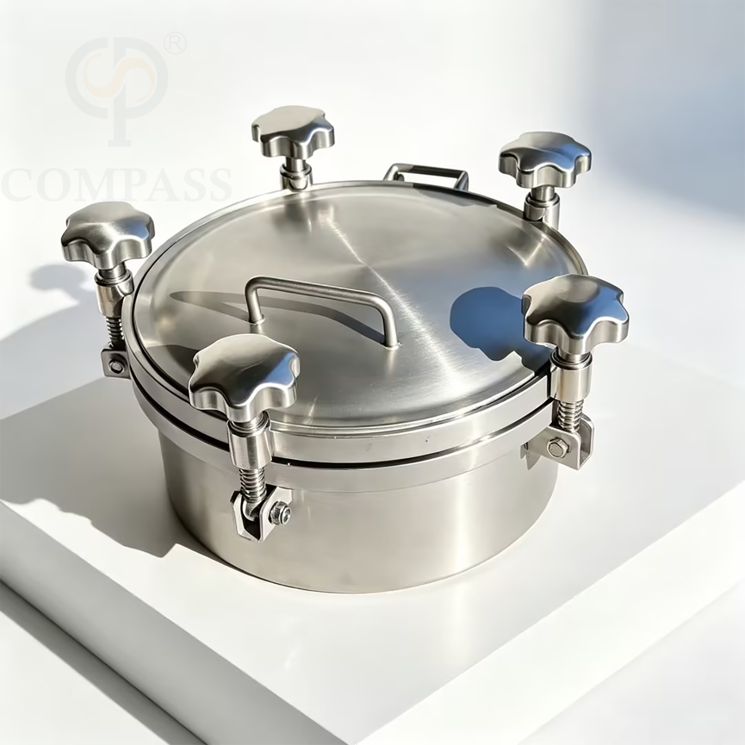 Tapa de alcantarilla de tanque de presión redonda exterior de 350MM higiénica de calidad alimentaria AISI316L OD 306MM con cinco asas M12 SS