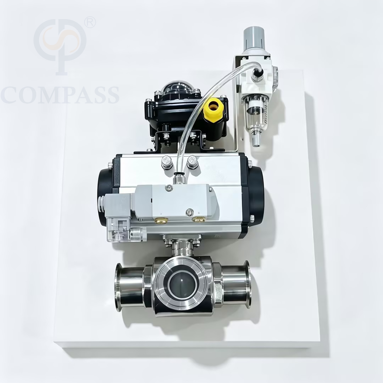 Válvula de bola neumática de tres abrazaderas con puerto T de tres vías SS316L de 2 pulgadas con válvula solenoide de 24 V, interruptor de límite y válvula reductora de presión