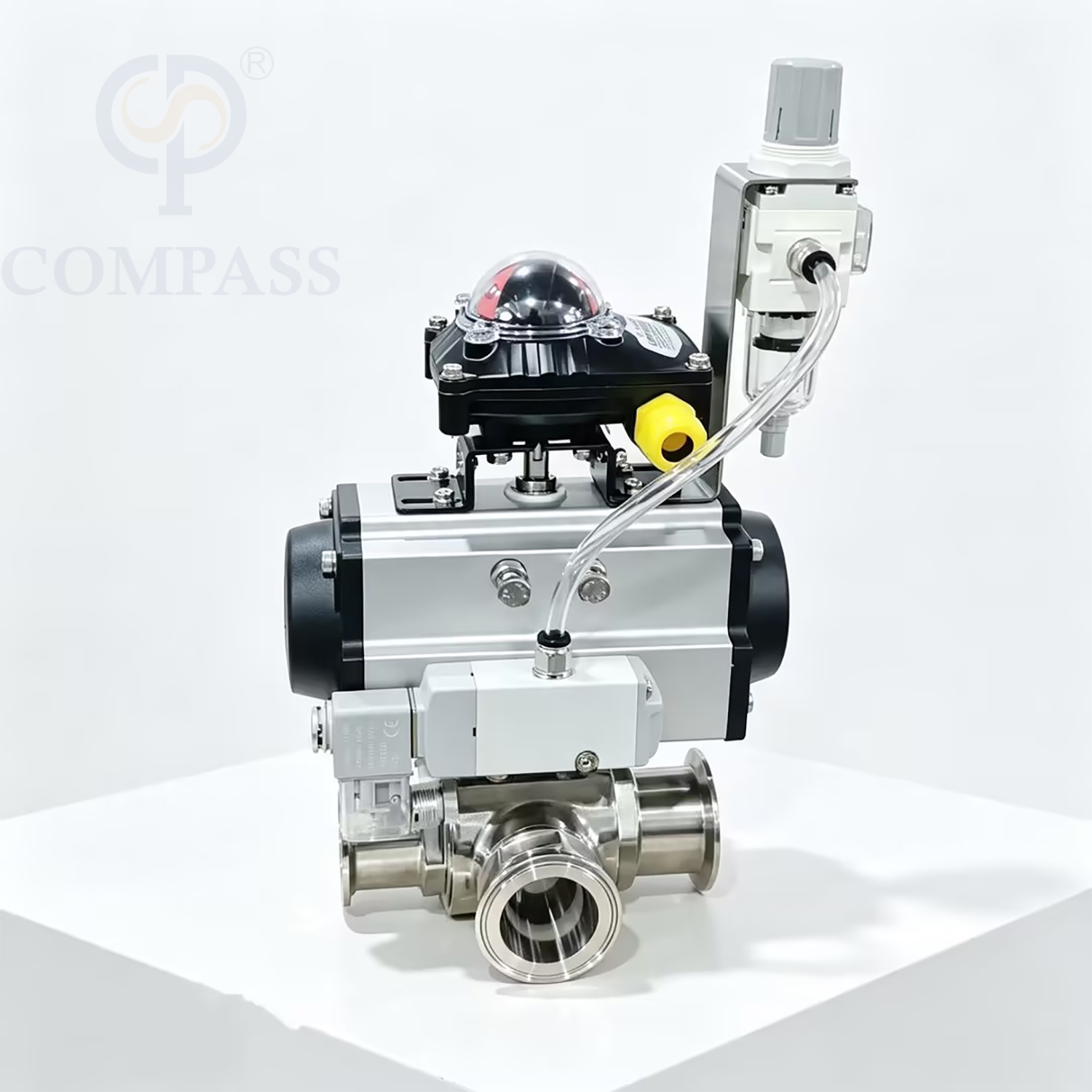 Válvula de bola neumática de tres abrazaderas con puerto T de tres vías SS316L de 2 pulgadas con válvula solenoide de 24 V, interruptor de límite y válvula reductora de presión