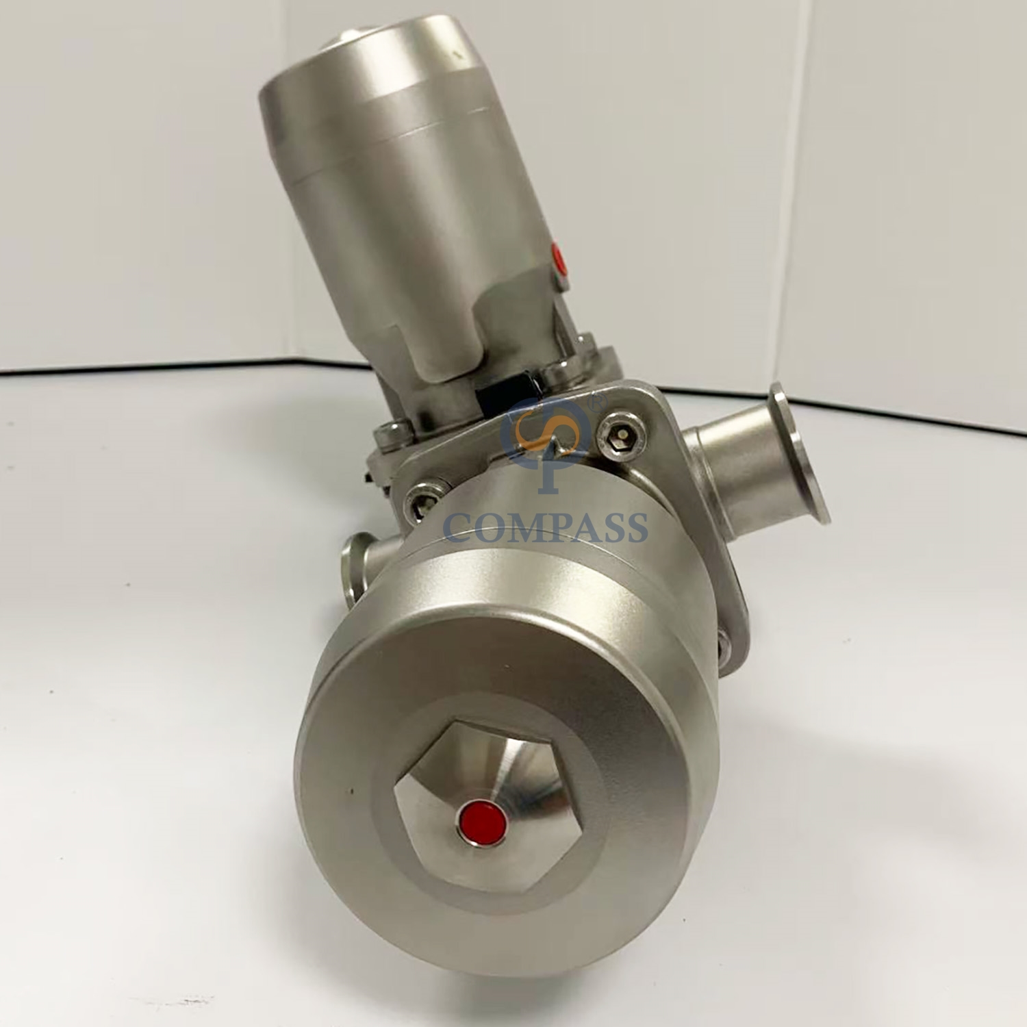 Válvula de diafragma neumática de tres vías SS316L DN40 con diafragma dividido de PTFE y EPDM