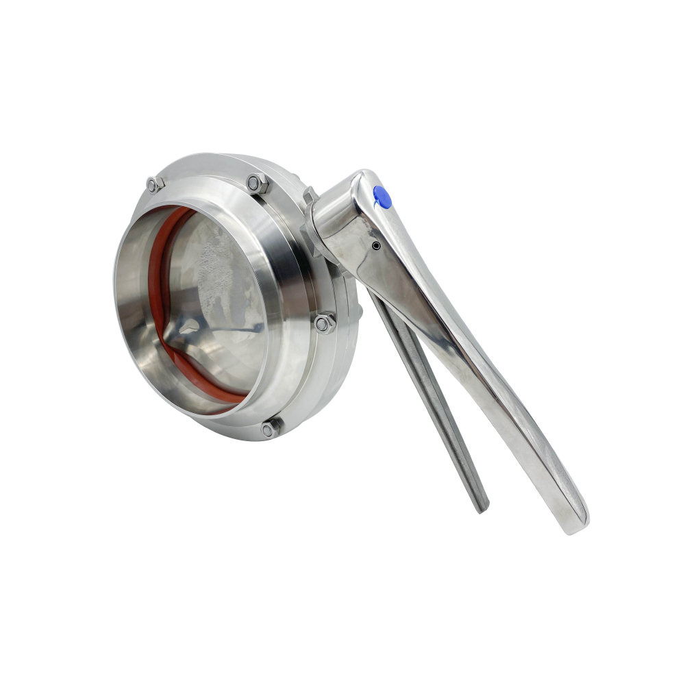 DN25 RD52 × 1/6 Hygienic Hygienic Acero inoxidable Alimento SS304 Válvula de mariposa de soldadura manual de DIN con manija de gripe de acero inoxidable
