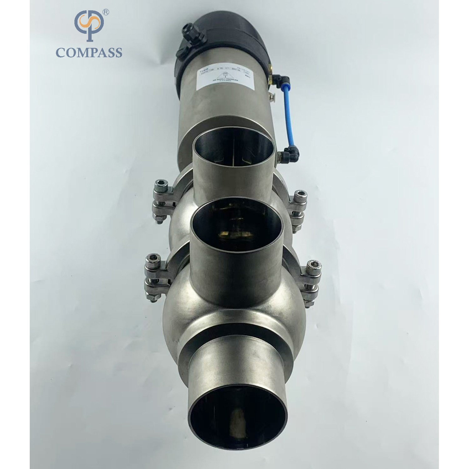 VÁLVULA DESVIADORA DE ABRAZADERA NEUMÁTICA MODELO SS304 DIN 21 CON CABEZAL DE CONTROL DE 24V