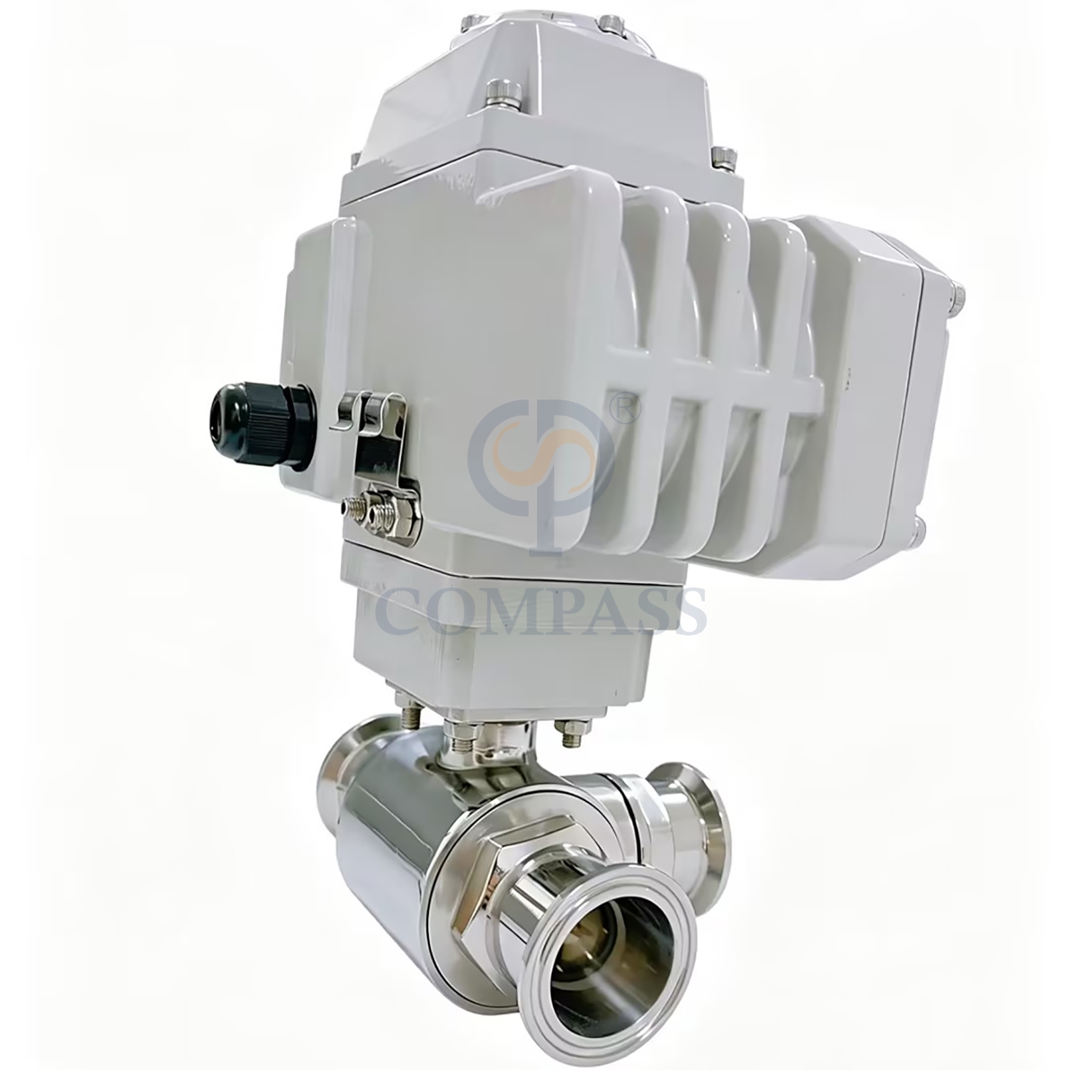 Válvula de bola eléctrica sanitaria de acero inoxidable, abrazadera SS304 de 50,8mm, válvulas de bola de puerto L de tres vías con cabezal eléctrico 220, superventas