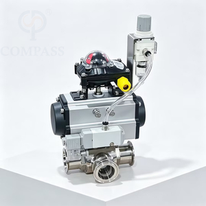 Válvula de bola neumática de tres abrazaderas con puerto T de tres vías SS316L de 2 pulgadas con válvula solenoide de 24 V, interruptor de límite y válvula reductora de presión
