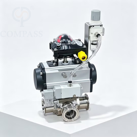 Válvula de bola neumática de tres abrazaderas con puerto T de tres vías SS316L de 2 pulgadas con válvula solenoide de 24 V, interruptor de límite y válvula reductora de presión
