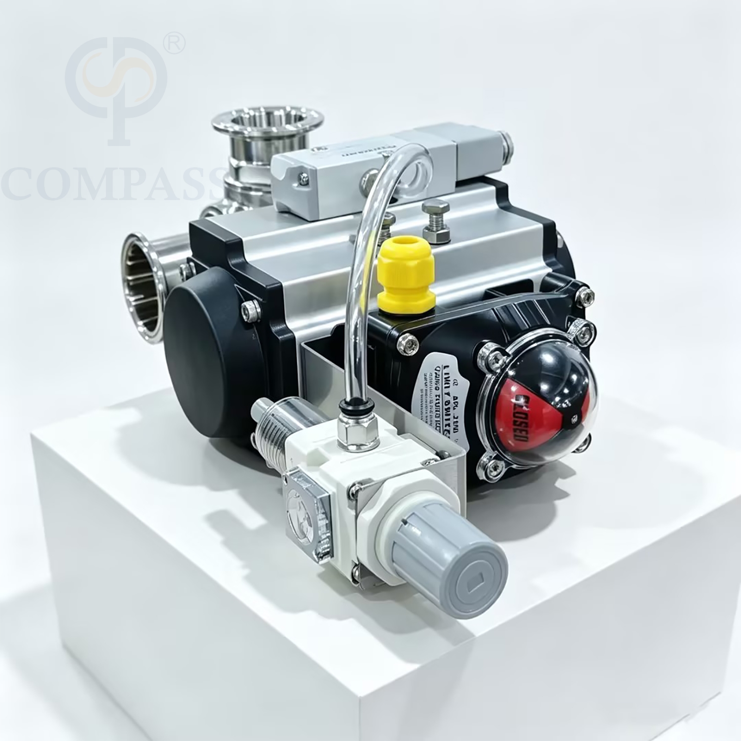 Válvula de bola neumática de tres abrazaderas con puerto T de tres vías SS316L de 2 pulgadas con válvula solenoide de 24 V, interruptor de límite y válvula reductora de presión