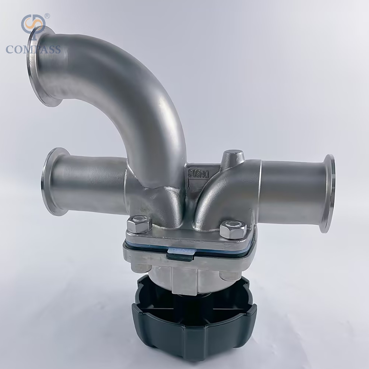 Gran oferta válvula de diafragma de codo de tres vías Manual SS316L de acero inoxidable sanitario TC 64MM de 2 pulgadas con diafragma dividido de PTFE y EPDM