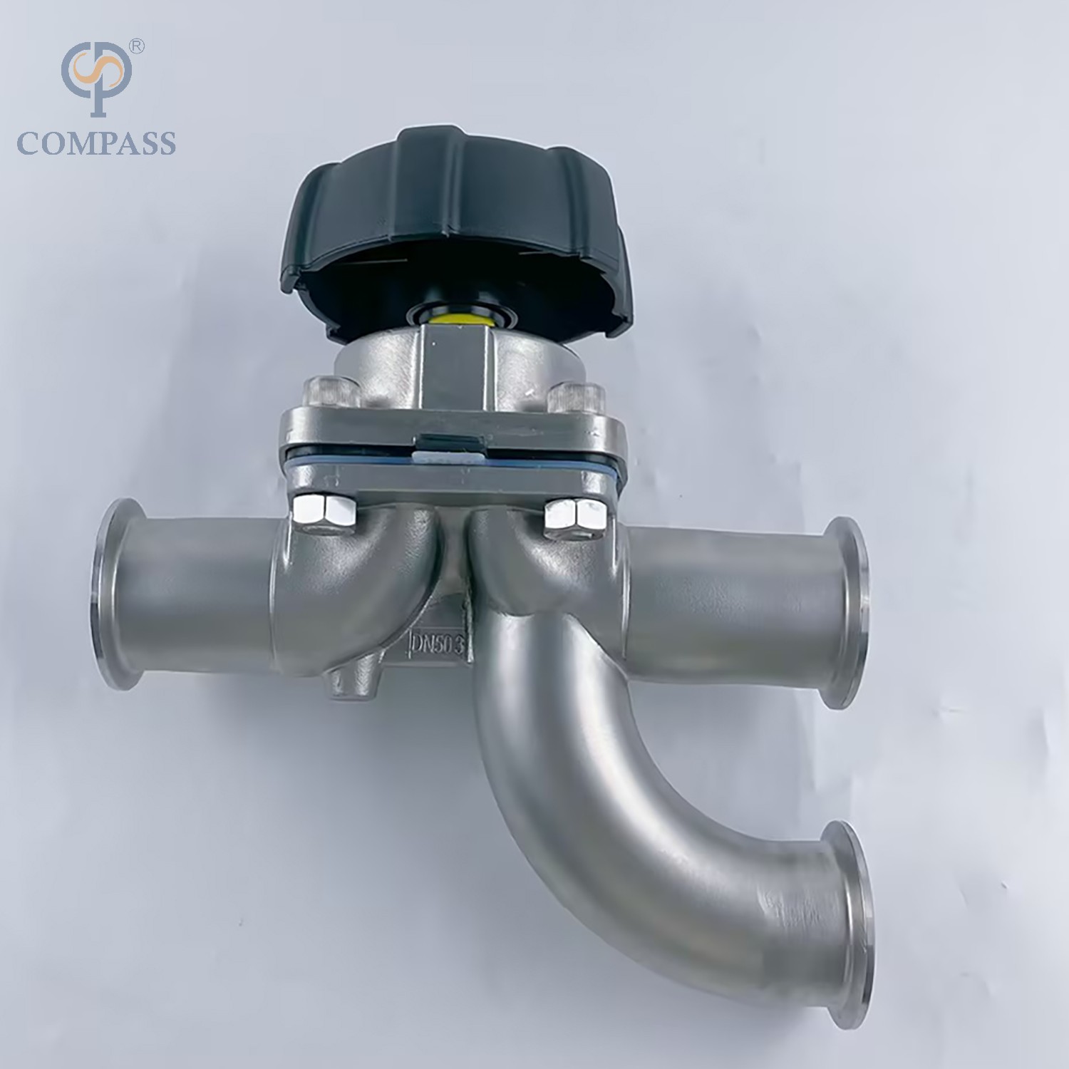 Gran oferta válvula de diafragma de codo de tres vías Manual SS316L de acero inoxidable sanitario TC 64MM de 2 pulgadas con diafragma dividido de PTFE y EPDM