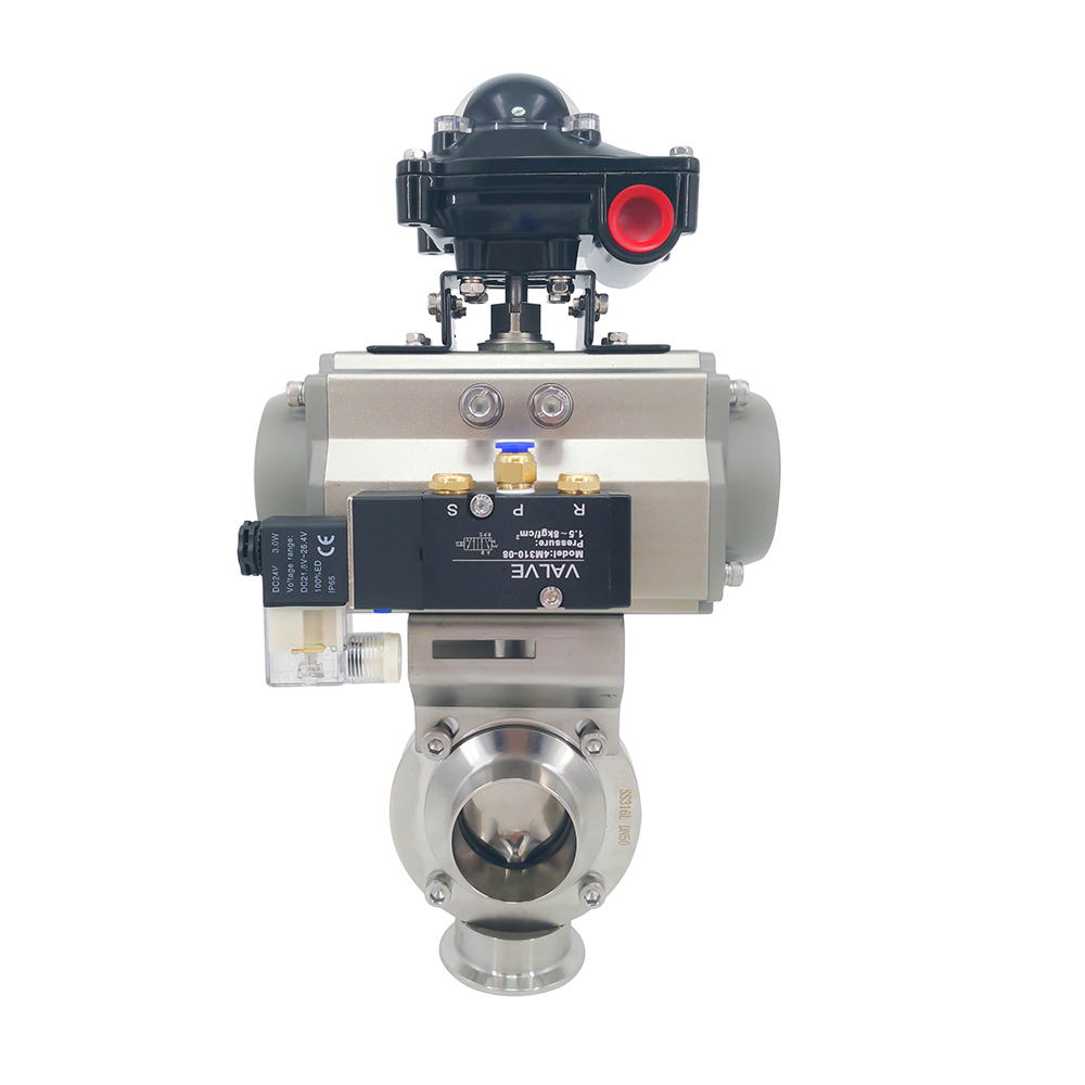 3 pulgadas 76 mm Higiénico sanitario Acero inoxidable Grado SS304 Válvula de mariposa de soldadura neumática SMS con actuador neumático +válvula solenoide +interruptor límite