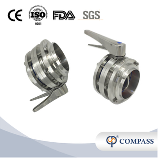 DN25 RD52 × 1/6 Hygienic Hygienic Acero inoxidable Grado SS304 Válvula de mariposa de tres piezas con manija de gripe de acero inoxidable