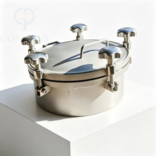 Tapa de alcantarilla de tanque de presión redonda exterior de 350MM higiénica de calidad alimentaria AISI316L OD 306MM con cinco asas M12 SS