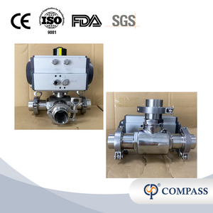 Válvula de bola neumática de doble acción de 2 pulgadas SS316L de 3 vías con extremo de juego de virola de abrazadera