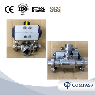 Válvula de bola neumática de doble acción de 2 pulgadas SS316L de 3 vías con extremo de juego de virola de abrazadera
