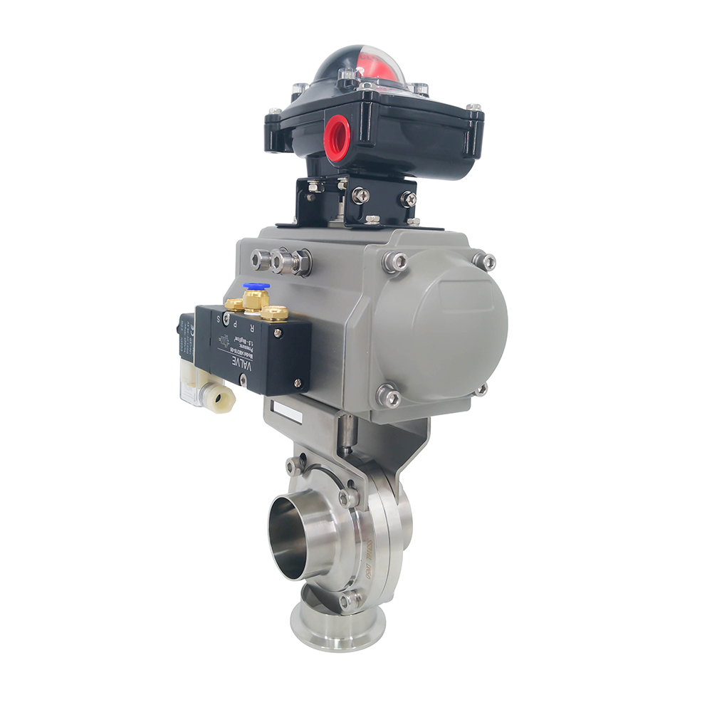 3 pulgadas 76 mm Higiénico sanitario Acero inoxidable Grado SS304 Válvula de mariposa de soldadura neumática SMS con actuador neumático +válvula solenoide +interruptor límite