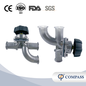 Gran oferta válvula de diafragma de codo de tres vías Manual SS316L de acero inoxidable sanitario TC 64MM de 2 pulgadas con diafragma dividido de PTFE y EPDM