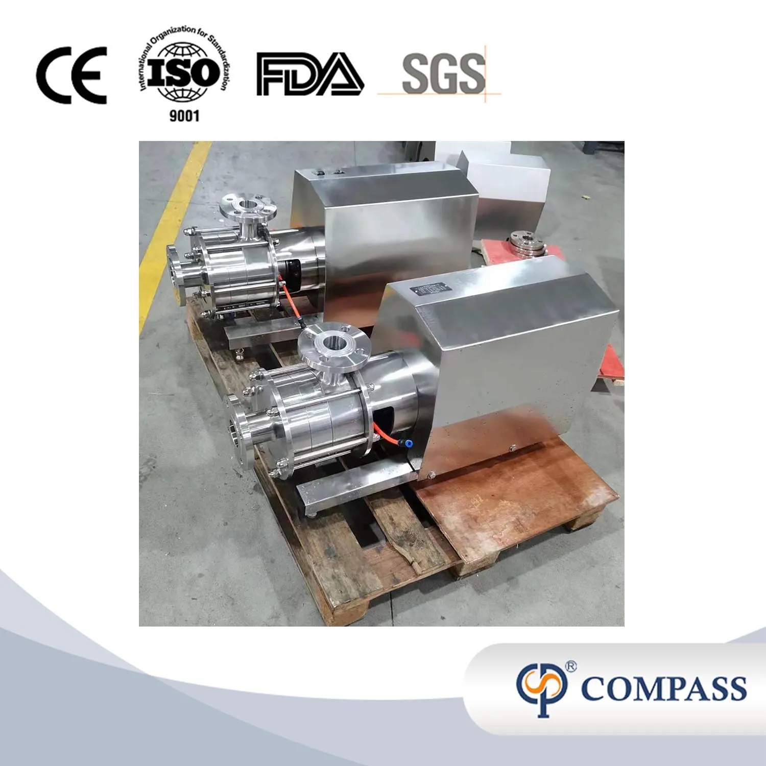 Bomba de emulsión de dispersión de alto cizallamiento en línea sanitaria de tres etapas TRL3 SS304 con gabinete de control de tolva y convertidor de frecuencia