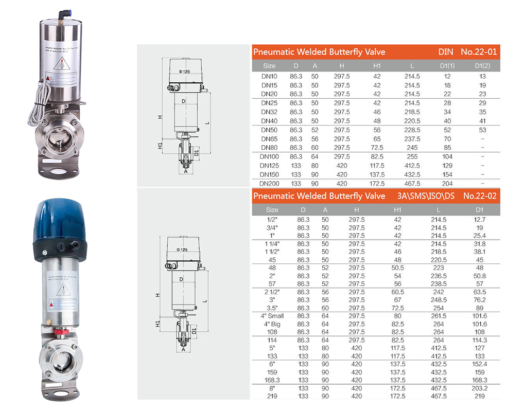 V&aacute;lvula de mariposa neum&aacute;tica de soldadura sanitaria con cabeza de control