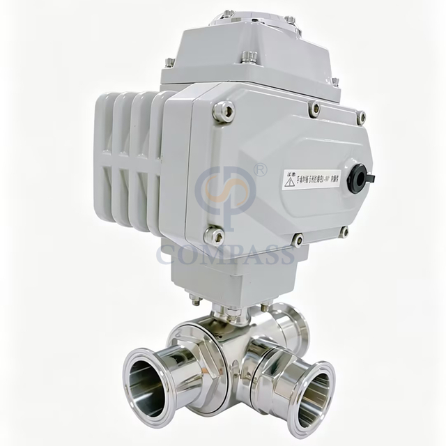 Válvula de bola eléctrica sanitaria de acero inoxidable, abrazadera SS304 de 50,8mm, válvulas de bola de puerto L de tres vías con cabezal eléctrico 220, superventas